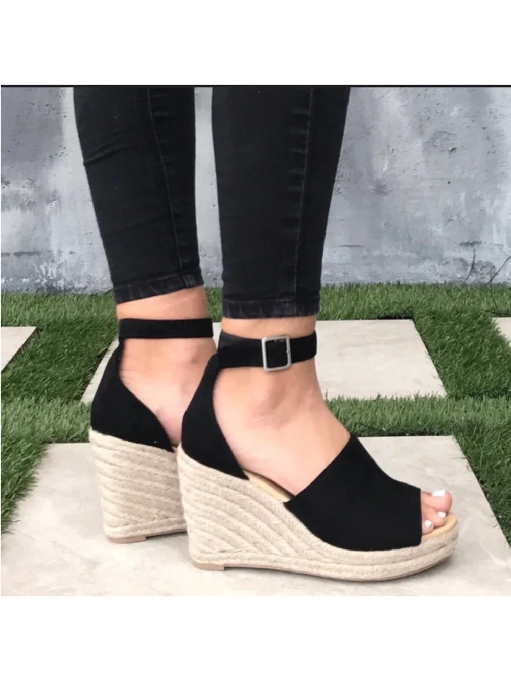 Steve Madden Jaylen Black Suede Espadrille Ankle-Strap Wedges 8.5